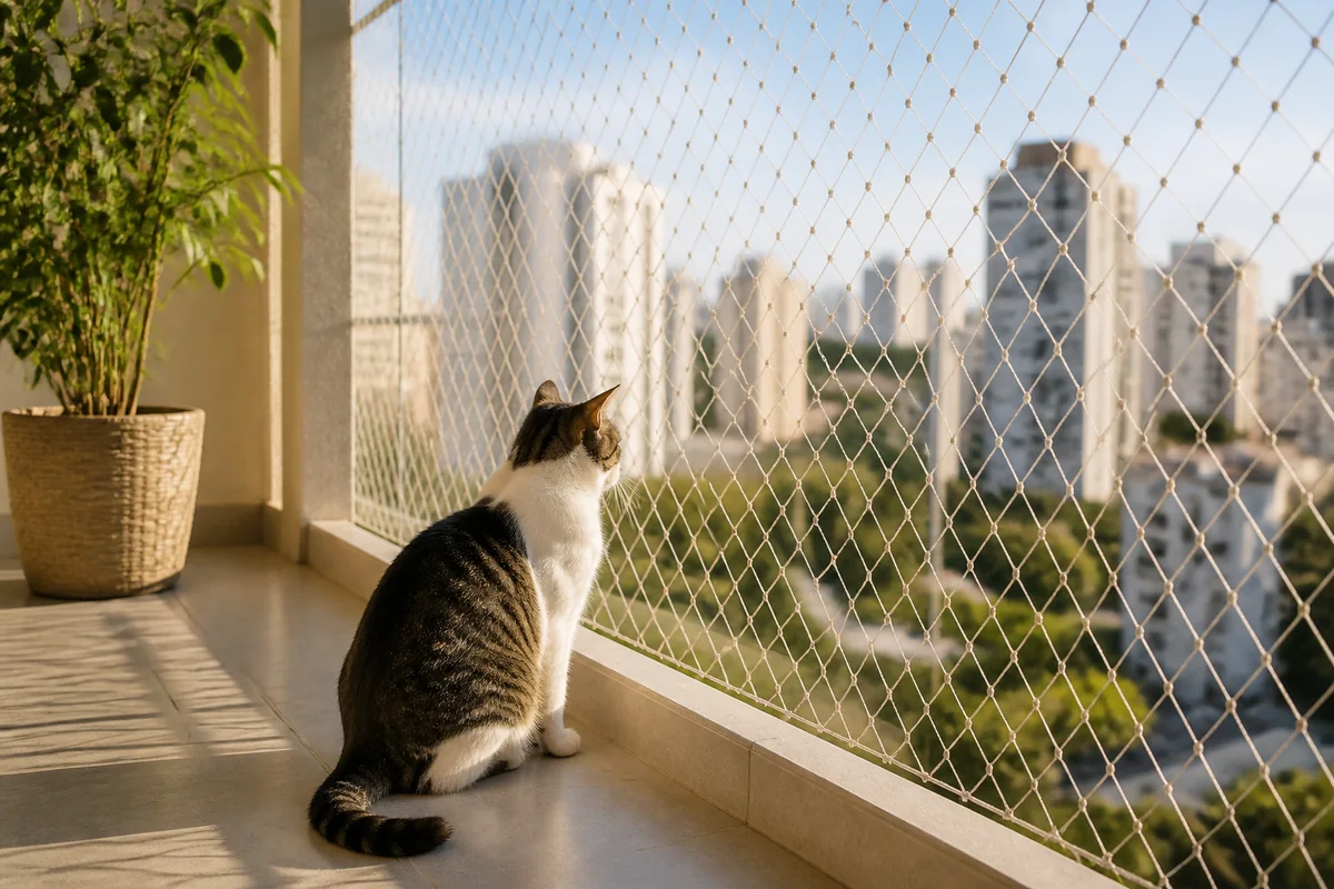 Gato protegido por rede em uma sacada